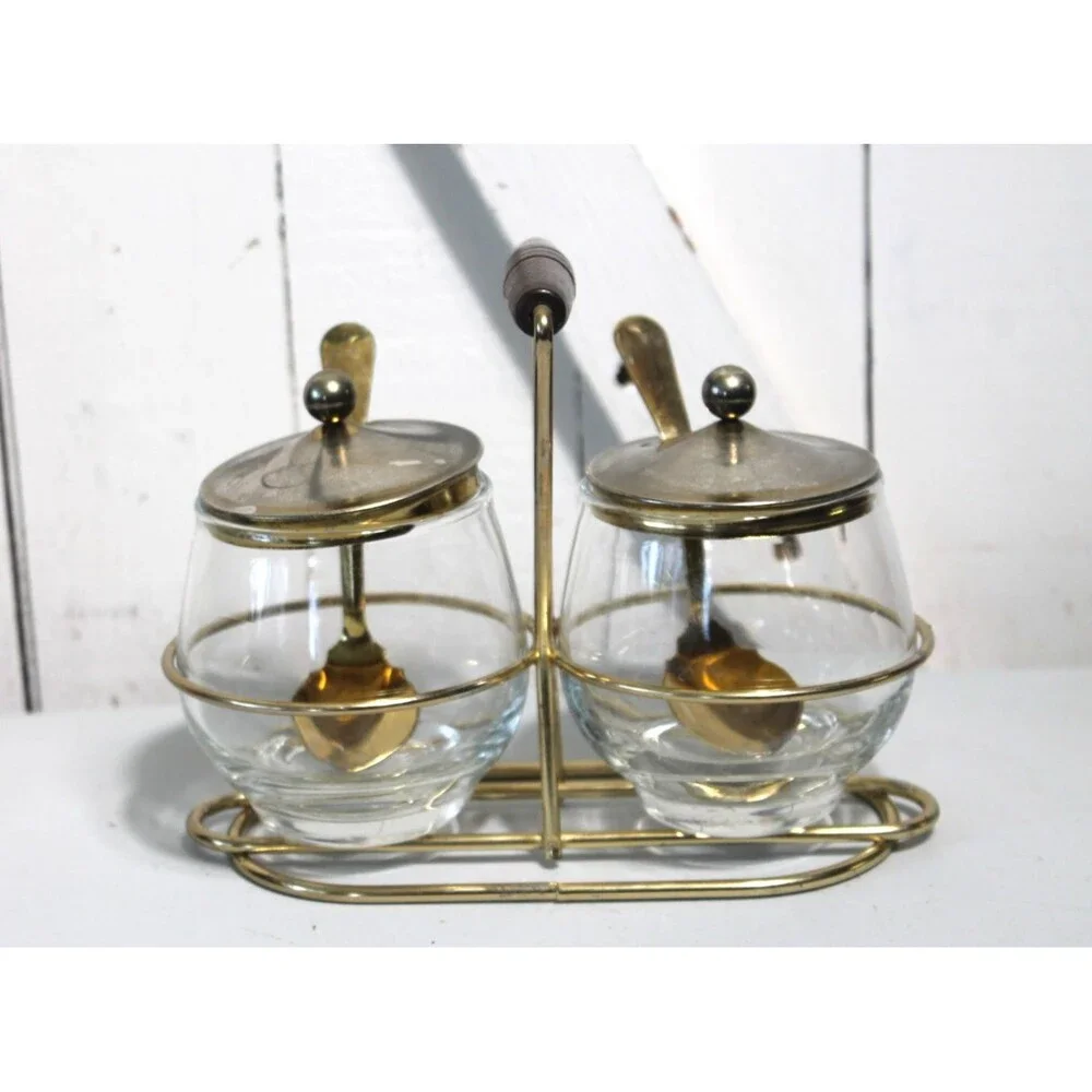 Mid Century Condiment Set Wire Rack Libby Glass Lid/Spoons, Jam, Relish Sauces